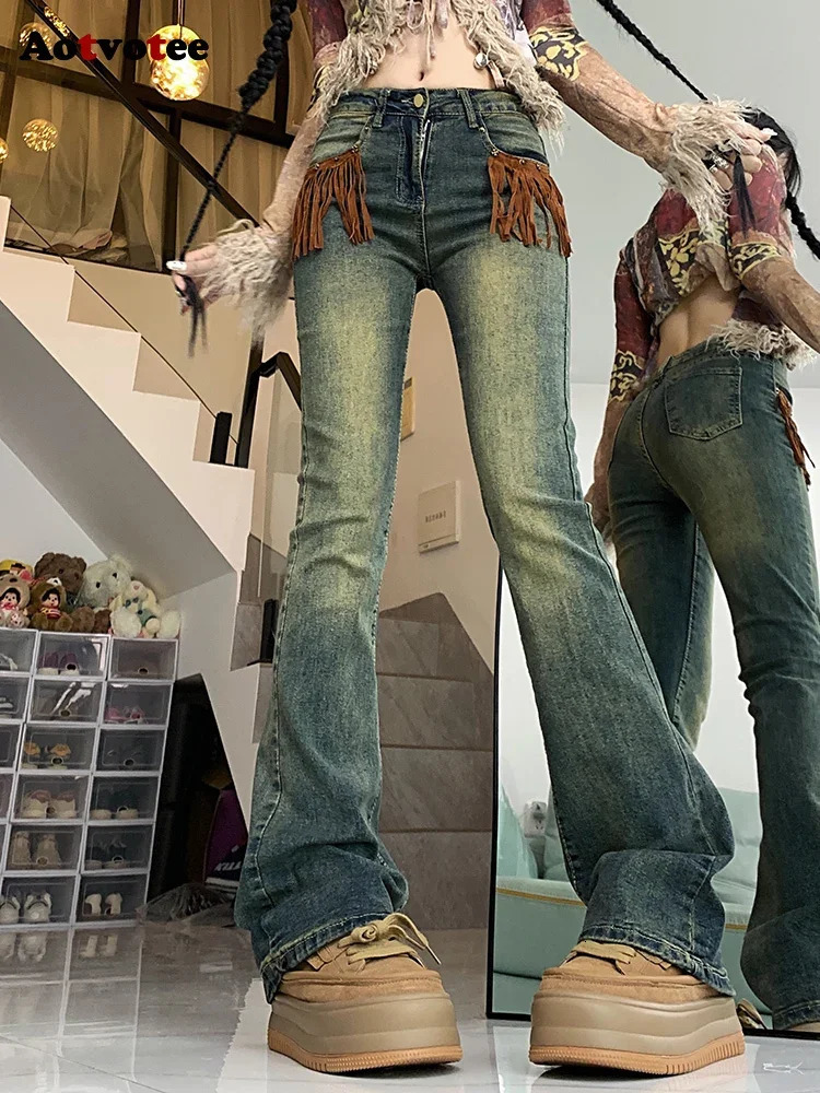 Aotvotee Jeans Woman High Waisted Denim Bell Bottom Pants Tassel Pocket Chic Street Vintage Washed Korean Fashion Jeans 240807