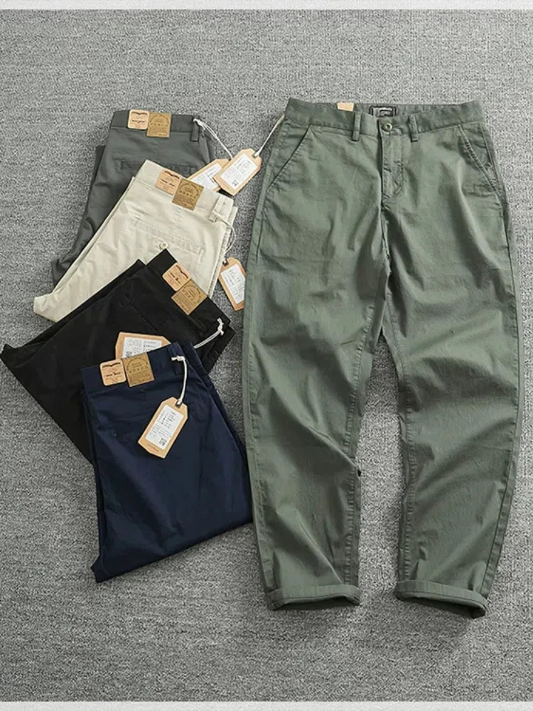 Summer Japanese Retro Woven Twill Slim Chino Busniess Pants Mens Simple 97% Cotton Washed Casual Straight Tapered Trousers 240806