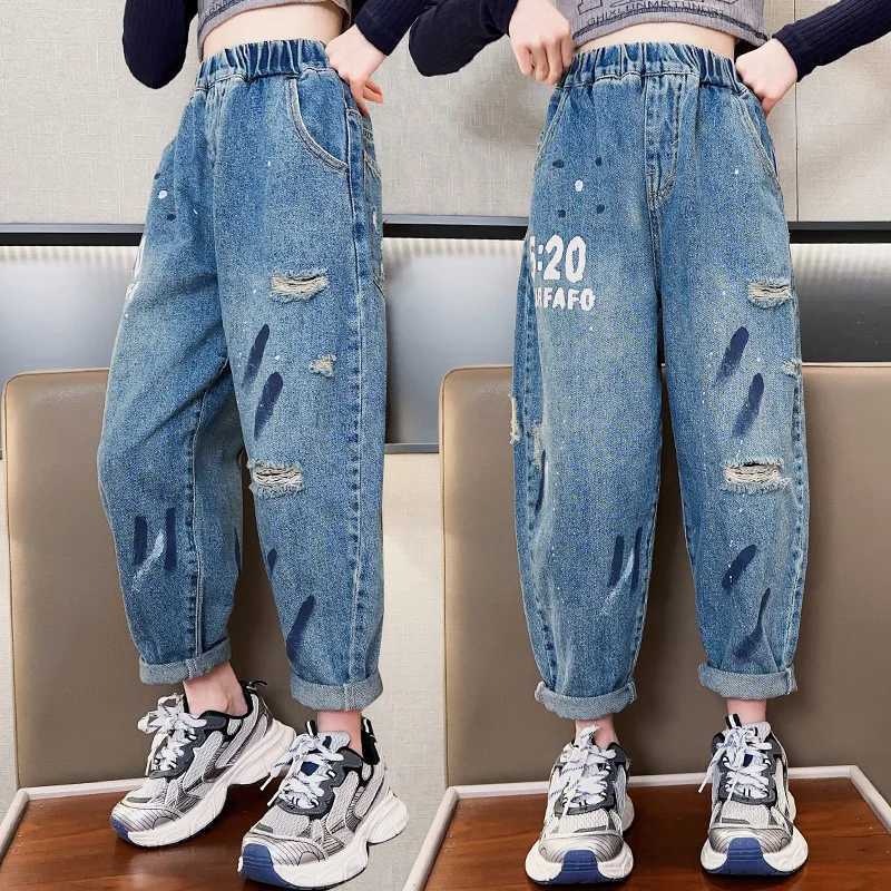 Jeans New Fashion Teen Girls Jeans For Spring Autumn Kids Printing Hole Elastic Waist Denim Harem Pants Child Casual Trousers 5-14Y