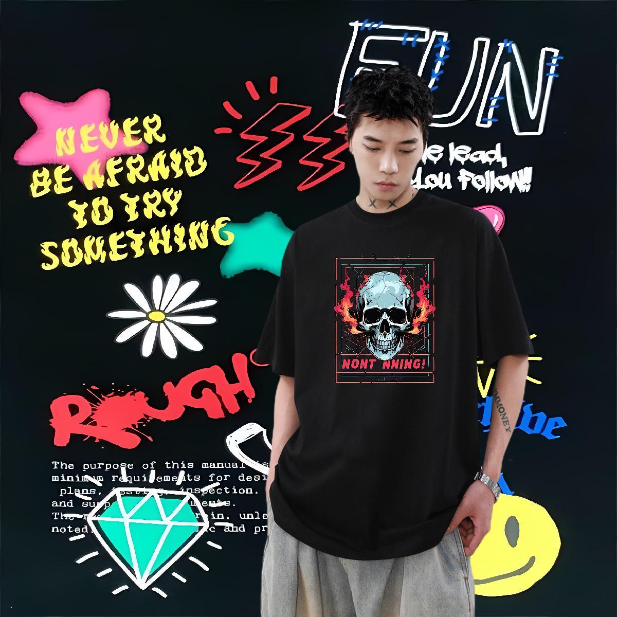 Free Shipping T Shirts Men skull Tops 230g Pure Cotton Street Wear High Quality DIY Logo Oversized Crew Neck Couples T Shirts