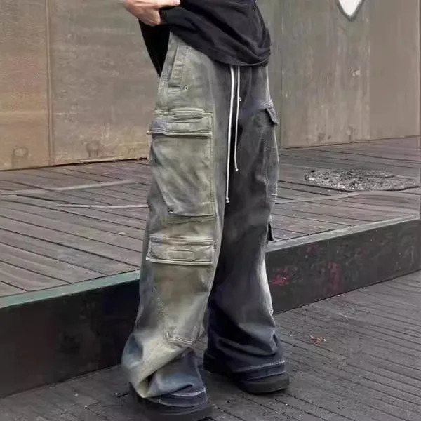 Wash Gradient Blue Multi Pocket Cargo Pants Mens Fashion Street Wide Leg Jeans Haruku Trousers240807
