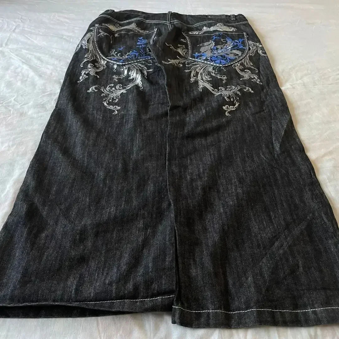 American Retro Jeans Y2K Large Pattern Denim Loose Gothic High Waist Wide Pants Street Clothing 240819