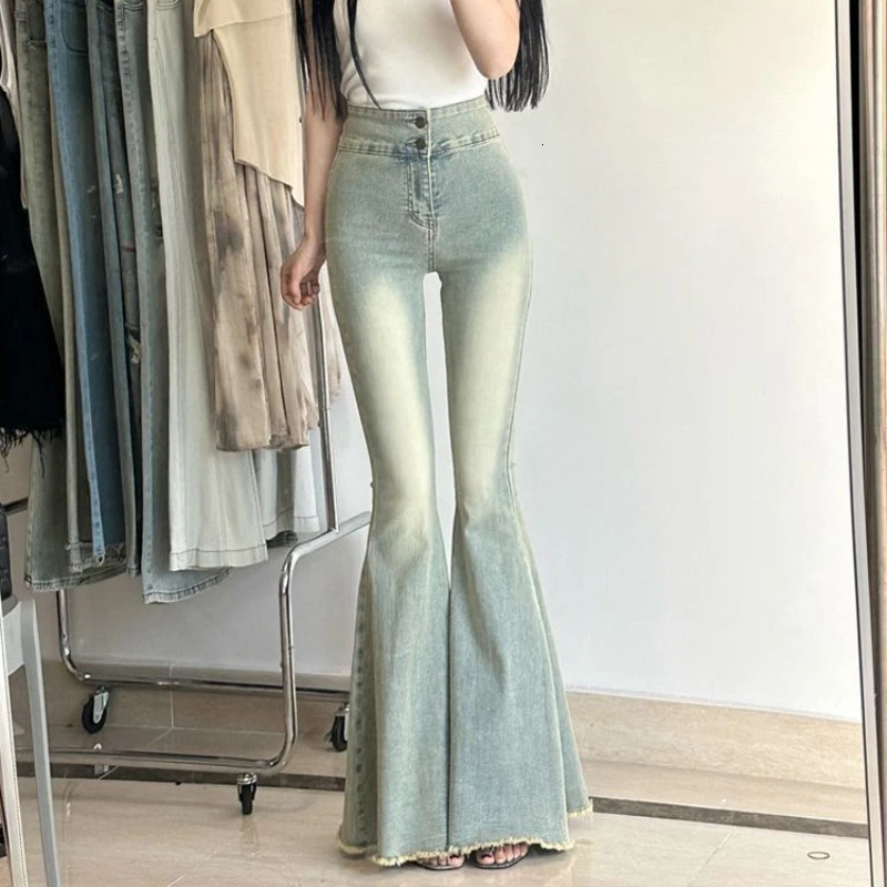 Retro High Waisted Trendy Street Cool Large Flared Jeans for Women Spring Slim Fit with Elastic Wide Legs Sweep Floor Long Pants 240807