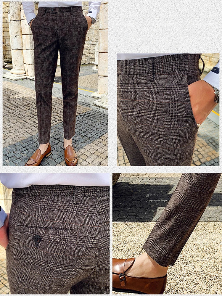 Boutique Classic Plaid and Striped Fashion Mens Casual Business Slim Suit Pants Groom Wedding Dress Trousers Party 240806