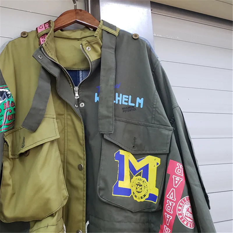 Army Green Print Jeans Splice Jacket Women Outerwear Streetwear Autumn Loose Short Big Pocket Long Sleeve Denim Jacket Female 240806