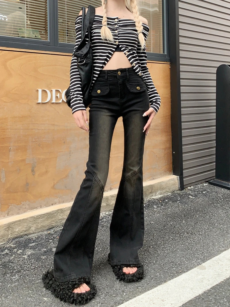 Womens Bootcut Flare Denin Jeans High Waisted Black Jean Bell BottomCasual Washed Classic Flared Pant korean y2k clothing 240807