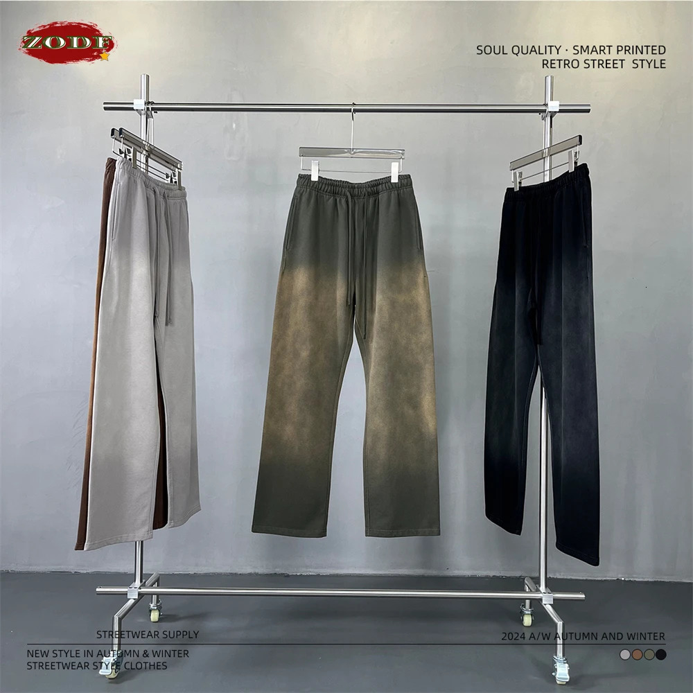 ZODF Retro Autumn Mens Washed Pants Unisex Heavy Weight 450gsm Sports Knitted Straight Trouser Clothes HY0916 240806
