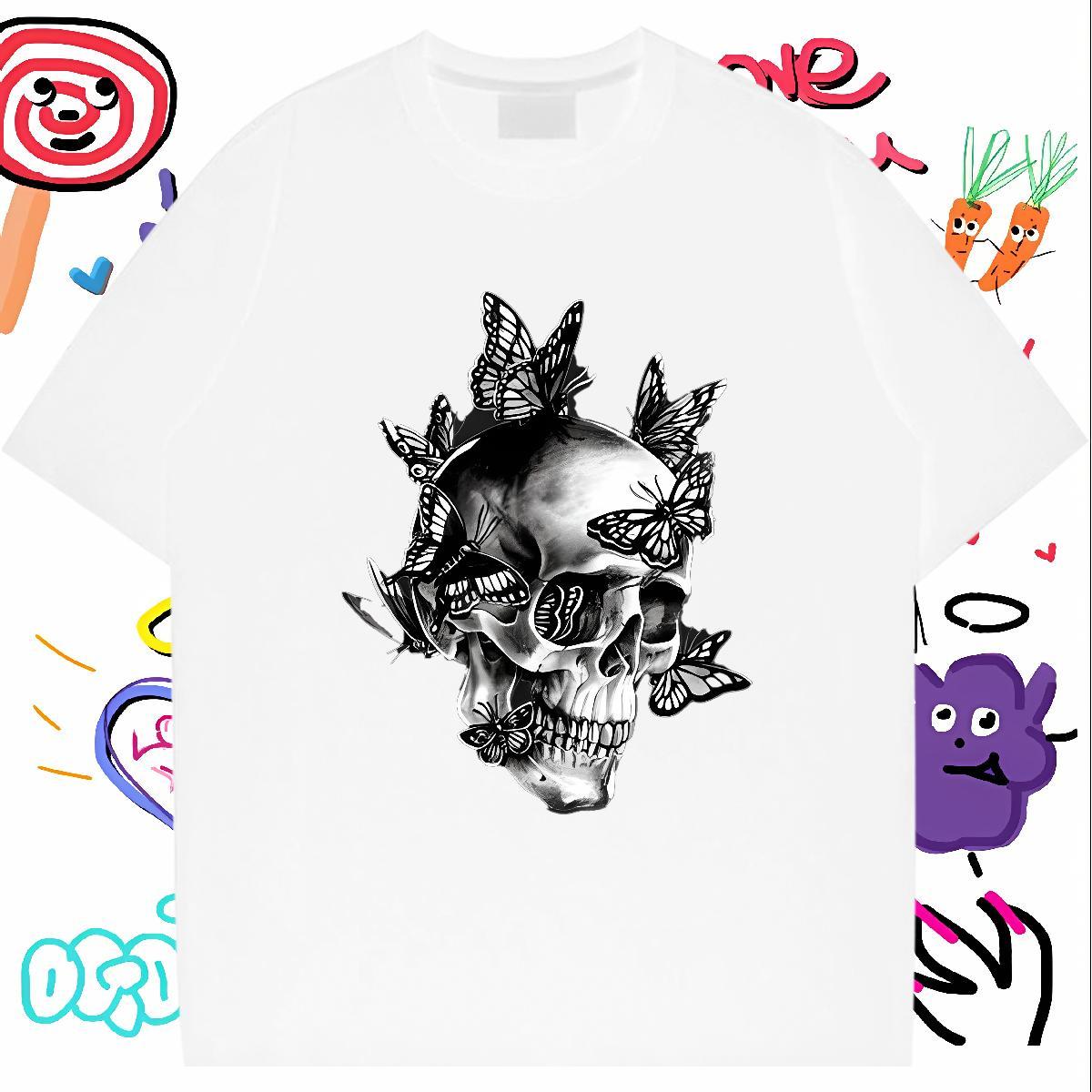 2024 DIY Men T Shirts skull Tops 230g Cotton Street Casual Free Shipping Custom Printed Breathable Crew Neck Men Clothes T-Shirt