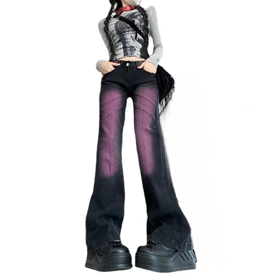 Purple Tie Dye Gradient Women Jeans with Flare Pant Slight Bootcut Bell Bottom Denim Pants y2k high waist fashion elegant cloth 240807