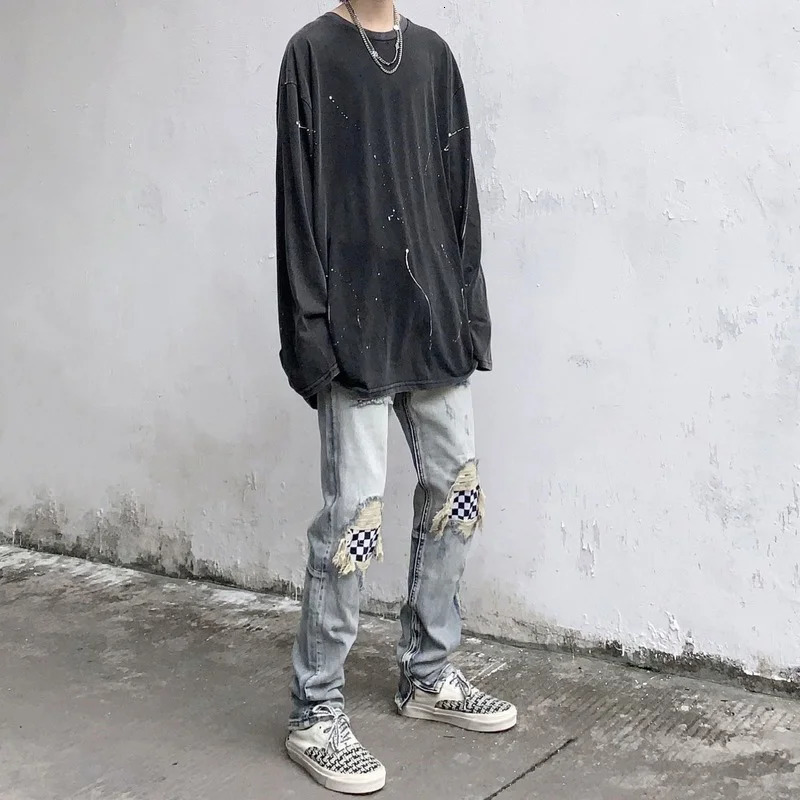 Patchwork Jeans Means Embroidery Skinny Locomotive High Street Washed Broken Hole Ripped Denim Hip Hop Jogger Pencil Pants 240806