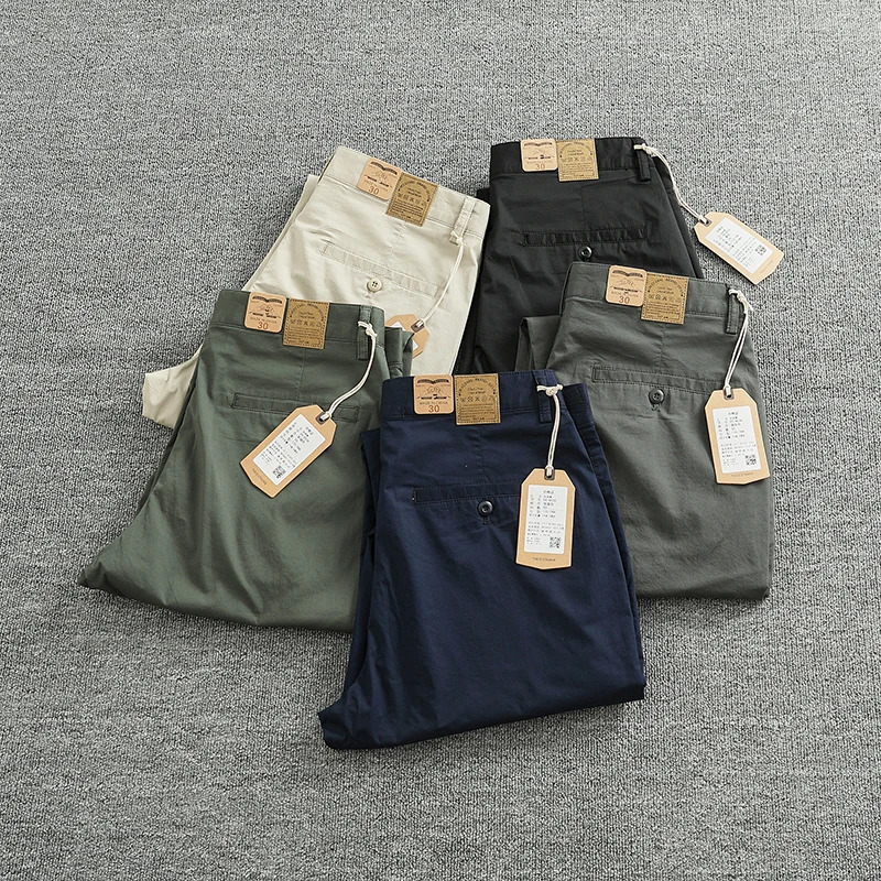 Summer Japanese Retro Woven Twill Slim Chino Busniess Pants Mens Simple 97% Cotton Washed Casual Straight Tapered Trousers 240806