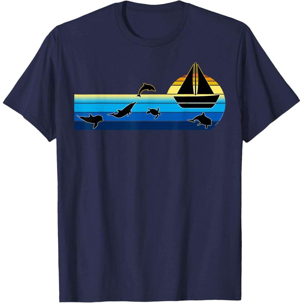 Mens T shirt Nautical Sunrise Sailboat with Dolphins Beach Summer Sailing T-Shirt shirts tshirt graphic tee Casual tops summer clothes Short sleeve Fr