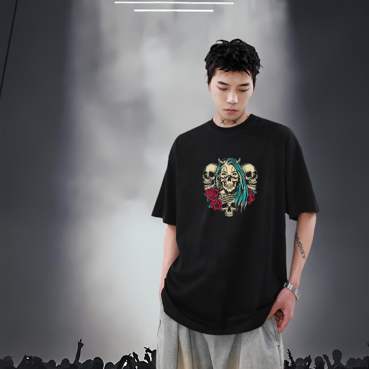 Fashion T Shirt For Man skull Tops 230g 100% Cotton High Street Hip Hop Cool Design Custom Printing Breathable Soft Men Tees