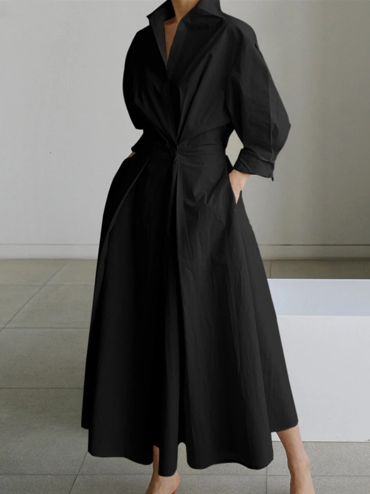S-5XL Korean Fashion Long Sleeve Shirt Dress Chic Turndown Neck Ruched Maxi Dress Women Autumn Winter Clothes Streetwear 240816