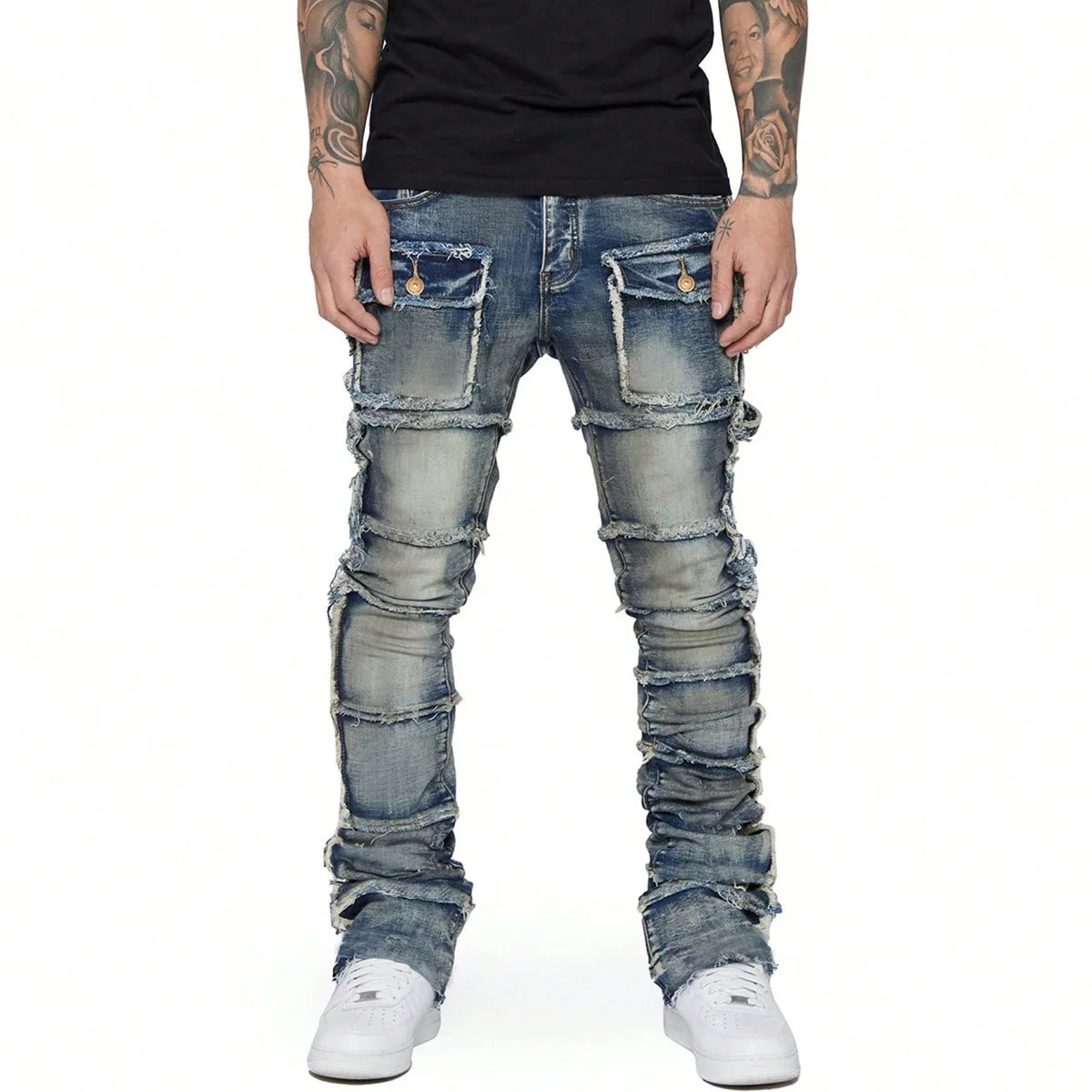 Elastic retro cargo jeans mens tear washed Y2k pants straight leg patch denim Trousers item 240819