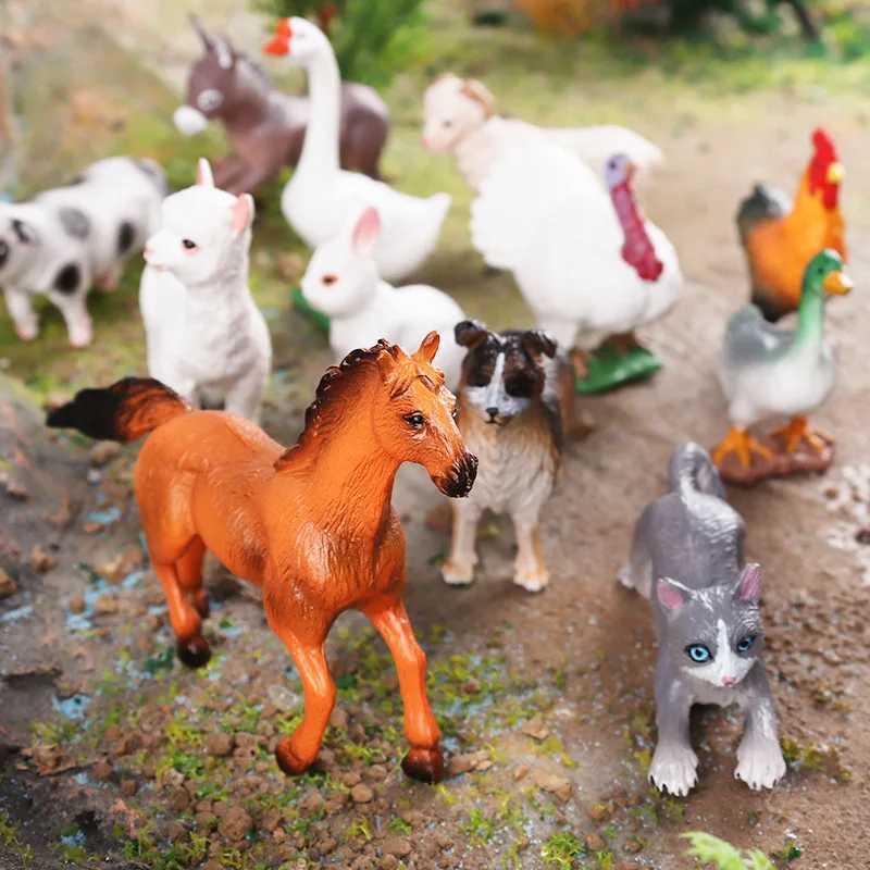 Other Toys New 12pcs Farm Animal Figurines Poultry Sets Action Figures Horse Cow Dog Duck Sheep Cock Model Education Toys for Children GiftL486