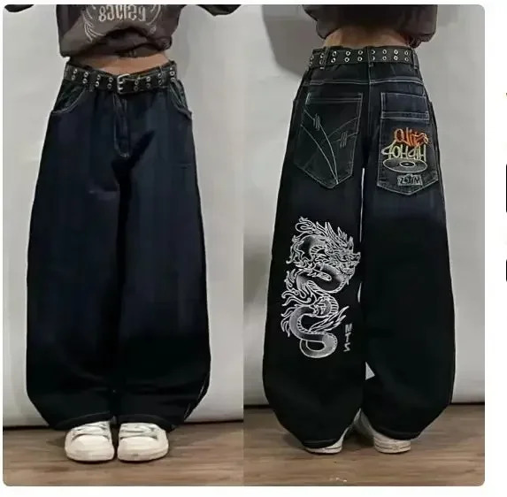 American Harajuku Retro Y2K Oversized Loose Jeans Antarctic Fashion Wing Pattern Gothic High Waisted Wide Leg Pants 240807