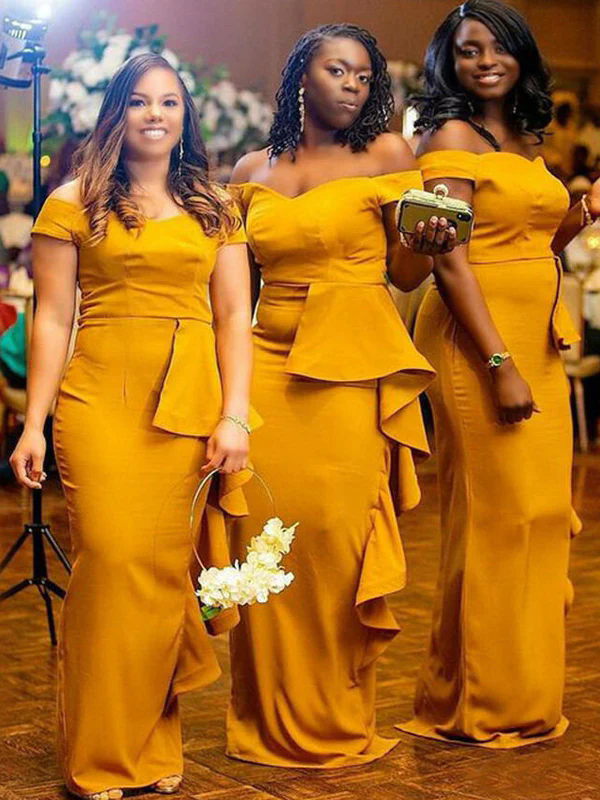 Sexy Yellow Mermaid Floor Length Custom Bridesmaid Dresses Simple Satin Sleeveless Maid Of Honor Dress Sheath Wedding Party Gowns