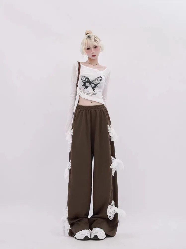HOUZHOU Y2k Kawaii Sweet High Waist Wide Leg Pants Korean Style Fashion Streetwear Bow Bandage Loose Sweatpant Soft Gril 240807