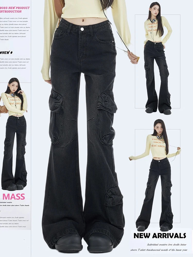 Women Low Rise Japanese Cyber Punk Harajuku Fashion Bell Bottom Denim Pants Flare Jeans Y2k Streetwear Grunge 2000s Aesthetic 240807