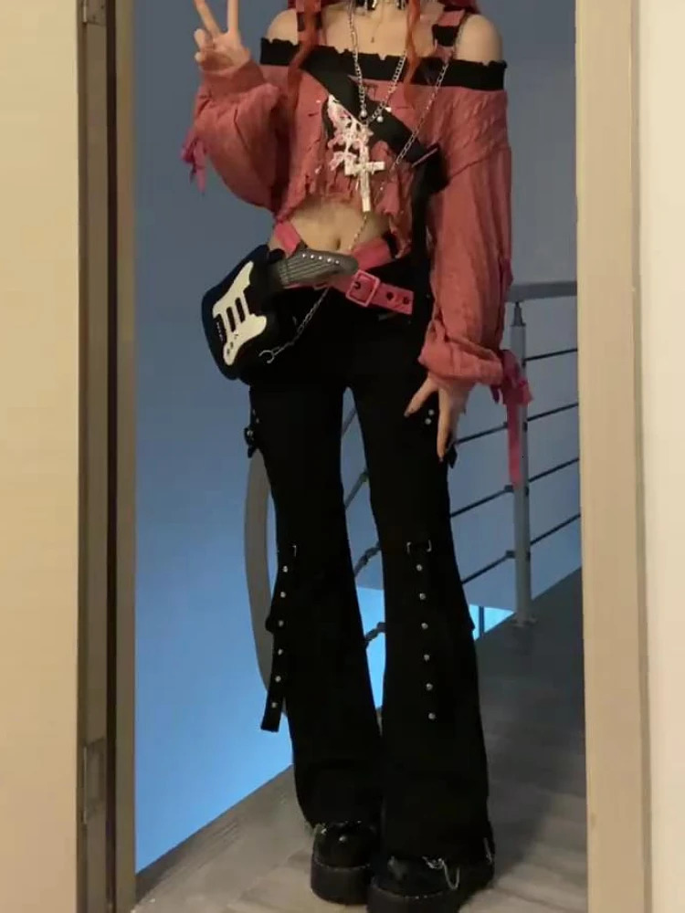 Woman Slim Trousers Stretch Jeans Denim Pants Low Waist Bell Bottoms Solid Color Low Waist Floor-Length Gyaru Bandage Y2k 240807