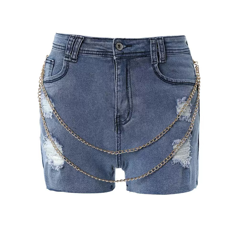 2023 New Fashionable Women's Clothing Chain Splicing Punched Tight Cowboy Shorts