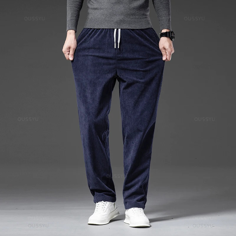 Four Seasons Corduroy Pants Men Drawstring Elastic Waist Business Loose Straight Korea Casual Trousers Male Oversized M5XL 240806