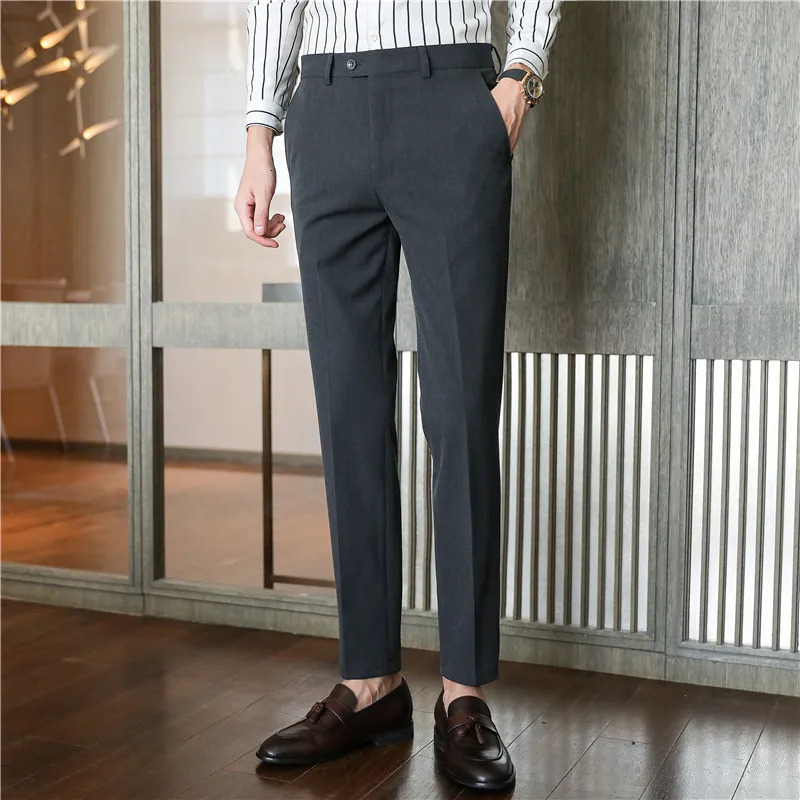 Men Noniron fabric Slim Straight Black Casual Suit Pants Male Business pants Blue Grey Thin Formal Trousers 240806