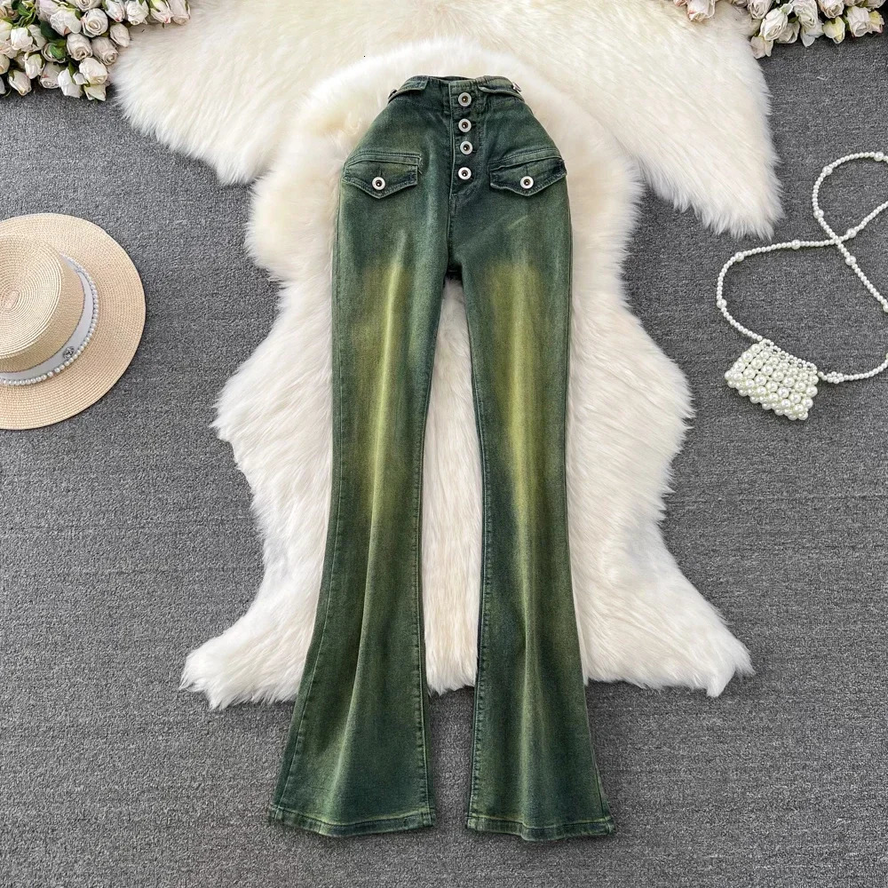 Women Jeans with Front Single Breasted Button Up Flare Pant Slight Bootcut Bell Bottom Denim Pants y2k Tie Dye Green Cloth 240807