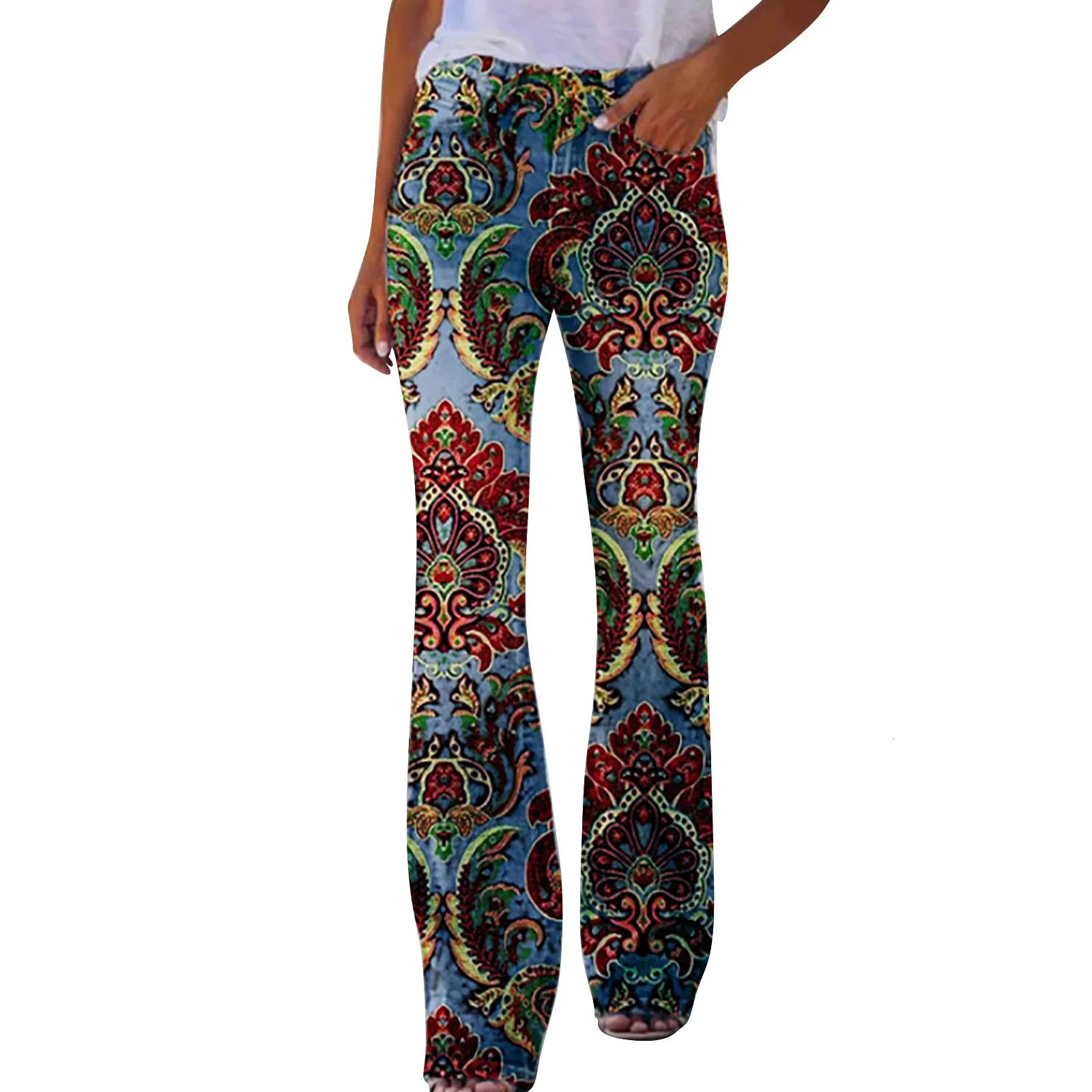 Floral Print Y2K Flare Jeans Aesthetic Retro Denim Pants for Women Sweatpants Streetwear Harajuku Casual Bell Bottom Pants Women 240807