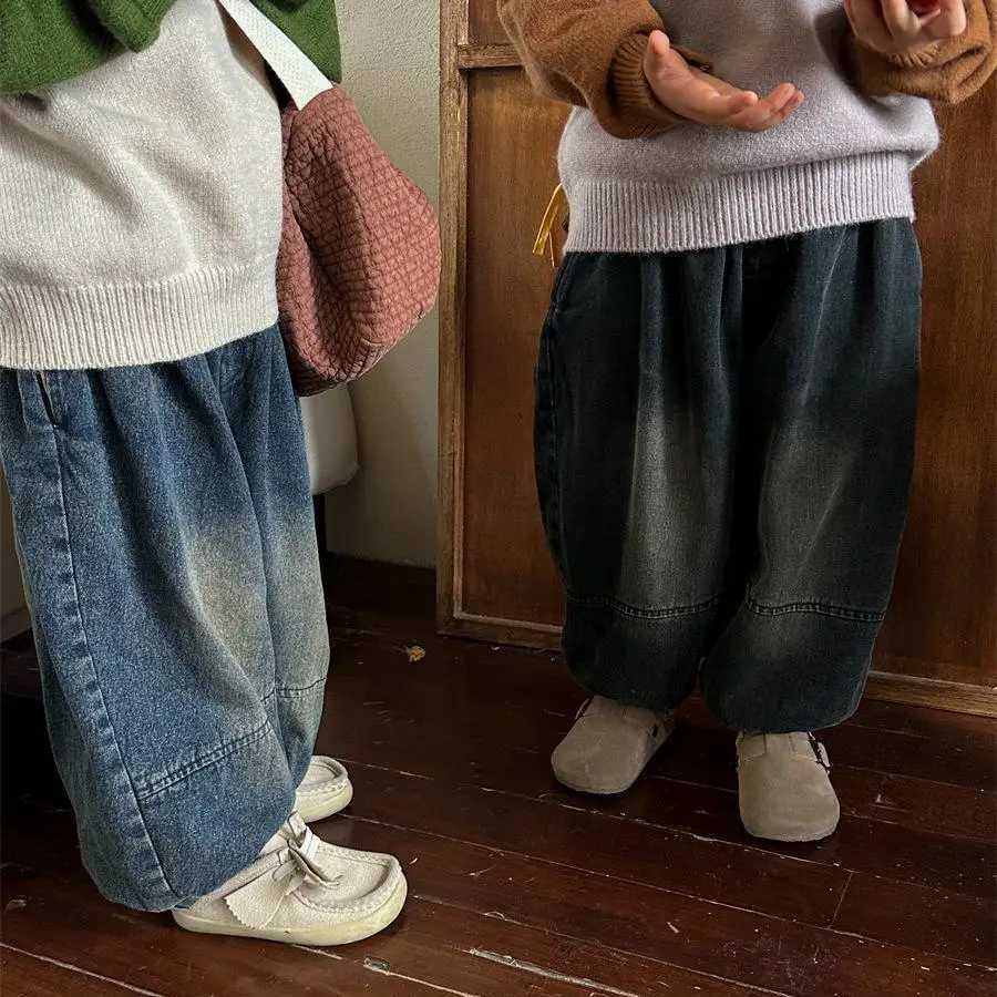 Jeans 1-7 Y Children Fashion Jeans Korean Boy Toddler Wear Girl Denim Wide Legged Trousers 2024 Spring New Girl Retro Lantern Pants
