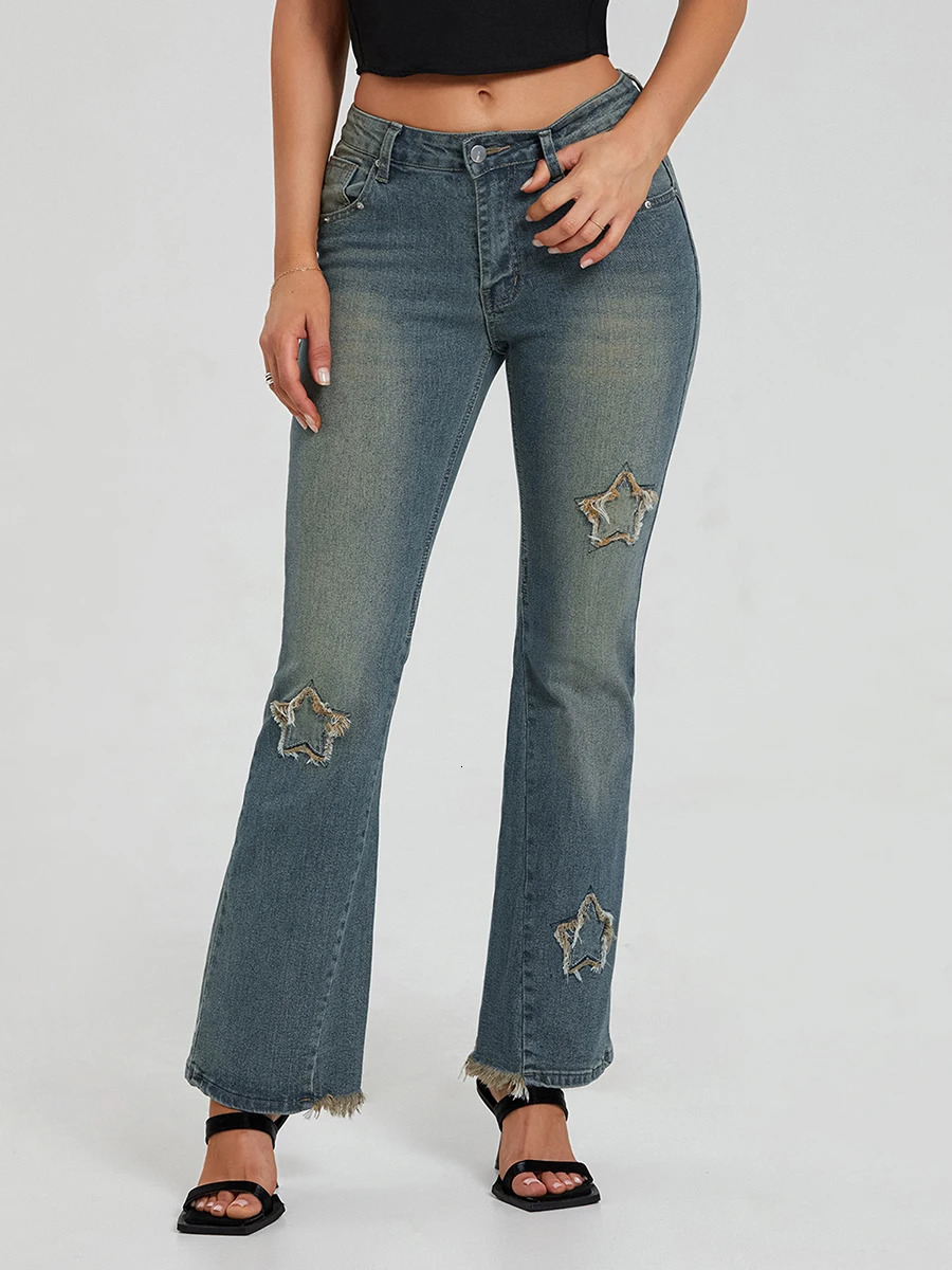 Women Flared Denim Pants Casual Star Pattern Bell Bottoms Jeans Bootcut Trousers Y2K Streetwear 240807
