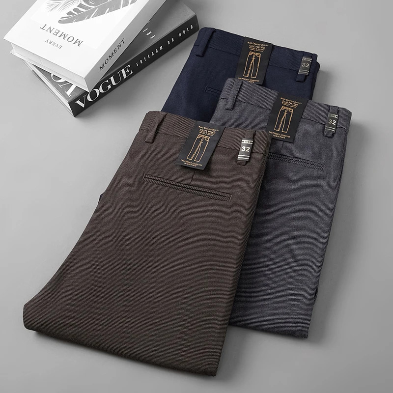Business Casual Suit Pants Men Solid Middle Waist Straight Office Formal Trousers Mens Classic Style Long 240806