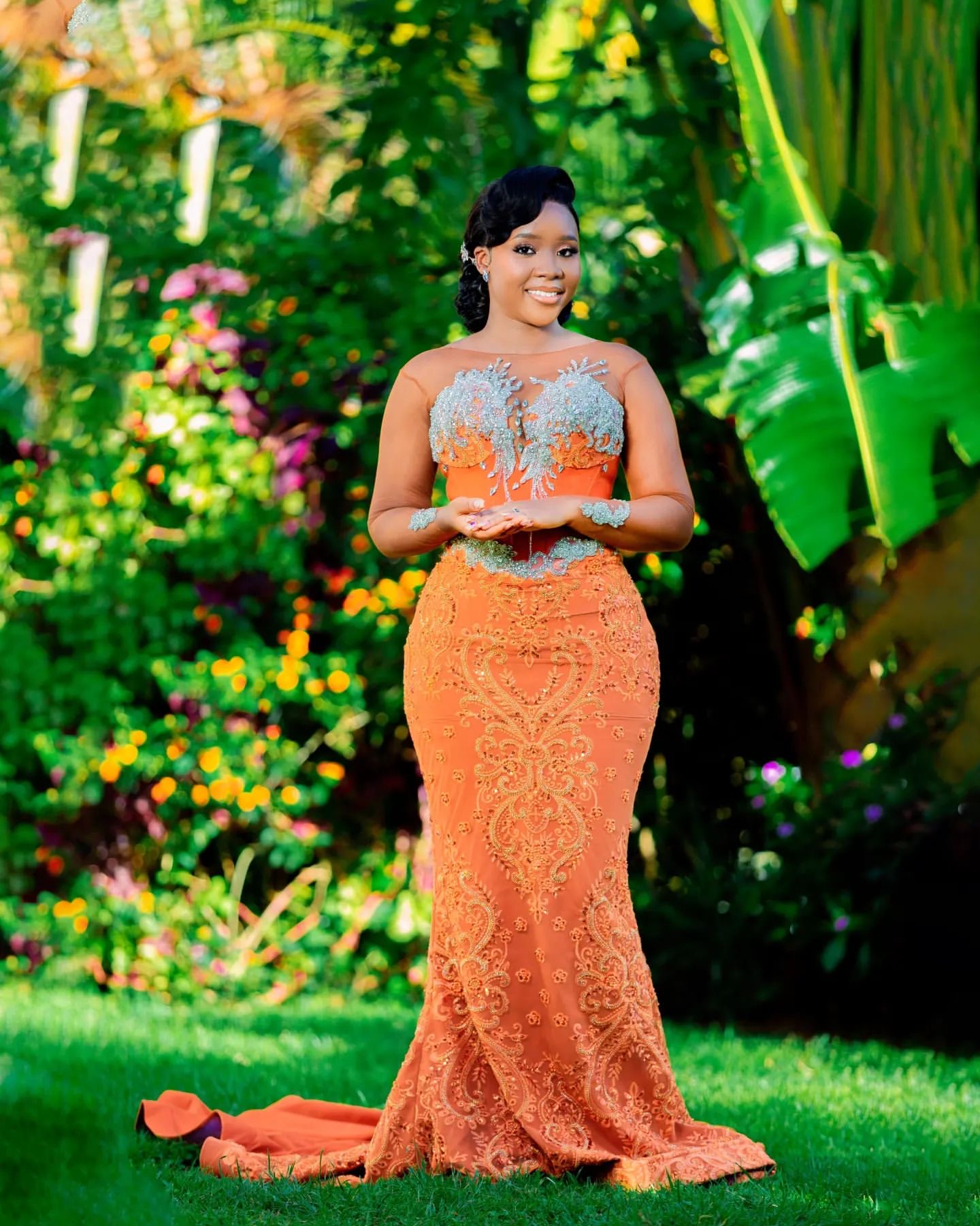 2024 Plus Size Orange Mermaid Prom Dress Lacefull Promdress Full Sleeves Crystals Evening Formal Party Second Reception Birthday Engagement Gowns Dres