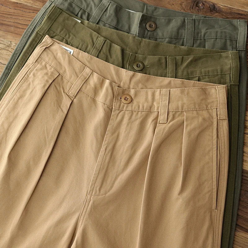 2901# Autumn American Retro Twill Pleat Chino Cargo Pants Mens Fashion 100% Cotton Washed Old Casual Straight Trousers 240806