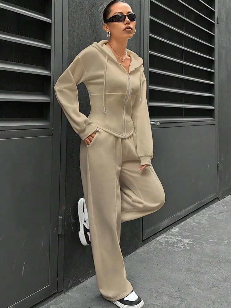 Autumn and winter hooded cardigan womens suit solid color fashion mouth slim casual sports pants two-piece set Female 240807