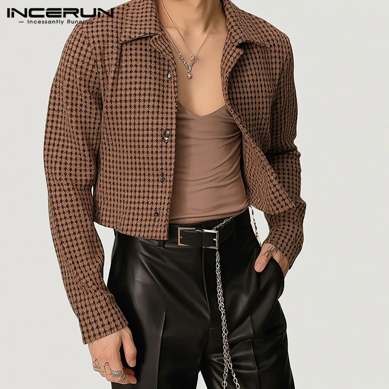 2024 mens plain collar long sleeved button fashion casual crop jacket spring thin jacket S-5XL INCERUN240806