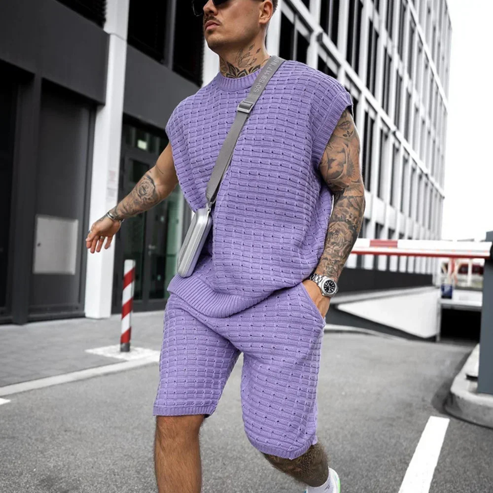Men Suit Large Size Spring Summer Short Sleeve Knit Tops and Shorts Two Piece Sets Long Sleeve Sportswear Streetwear Men Fashion 240813