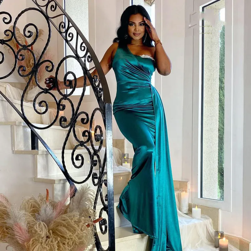 Formal Vestido De Fiesta De Boda Turquoise Evening Gowns for Women Party Crystal Beaded One Shoulder Mermaid Prom Dress