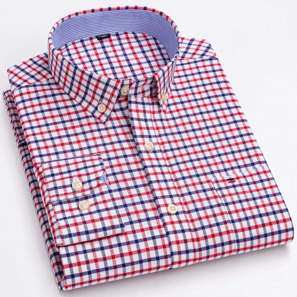 Mens Versatile Casual Checkered Oxford Cotton Shirts Single Pocket Long Sleeve Standard-fit Button Down Gingham Striped ShirtM240807