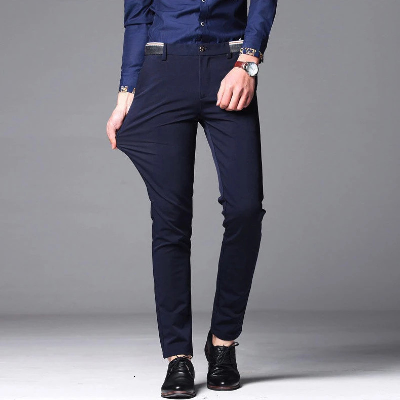 Black Suit Pants for Mens Fashion Business Casual Male Formal Dress Elastic Straight Office Man Navy Blue 240806