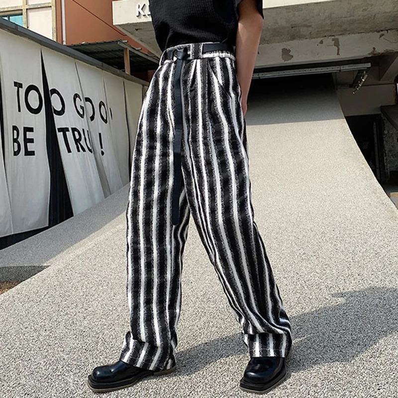 PFNW Chic Male Causal Trousers Belt Design Personality Washed Stripe Pockets Mens Wide Leg Pants Trend Spring 9C4001 240806