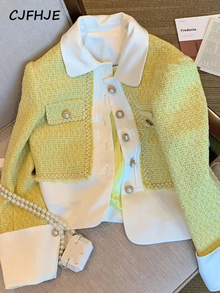 CJFHJE Yellow Tweed Jacket Coat Women Korean Fashion Sweet Woolen Short Coats Autumn Winter Vintage Elegant Lady Outwear Jackets 240806