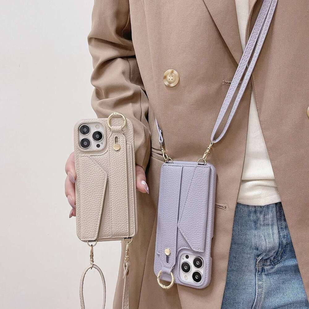 Ring Crossbody Wrist Strap Wallet Leather Cover for IPhone 15 14 13 12 11 Pro Max Phone Case with Card Slot Holder Lanyard