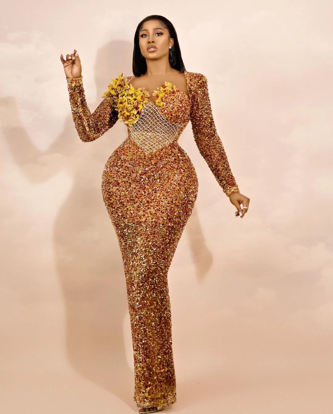 Sexy Aso Ebi Mermaid Long Sleeves Sequins Sparkly Prom Dresses Formal Party Second Reception Birthday Engagement Evening Gowns Dresses Robe De Soiree