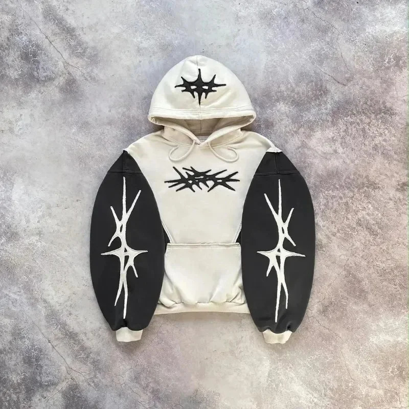 Geometric Pattern Embroidery Splicing Hoodies Women Sweatshirt Gothic Y2k Youth Simple Daily Loose Casual Men Version Tops 240809