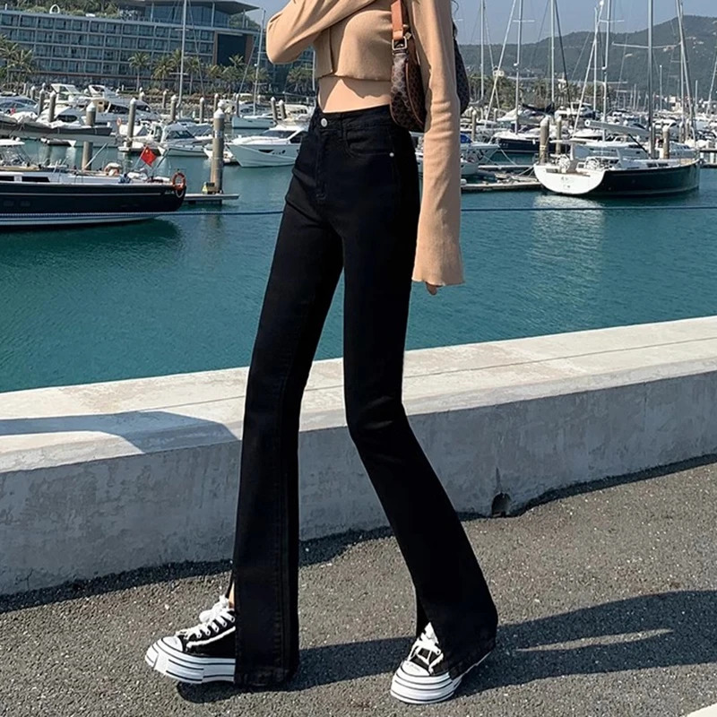 Woman Korean High Waist Flare Jeans Lady Y2k Punk Side Slit Bell Bottom Pants Female Fashion Black Denim Trousers Large Size 240807