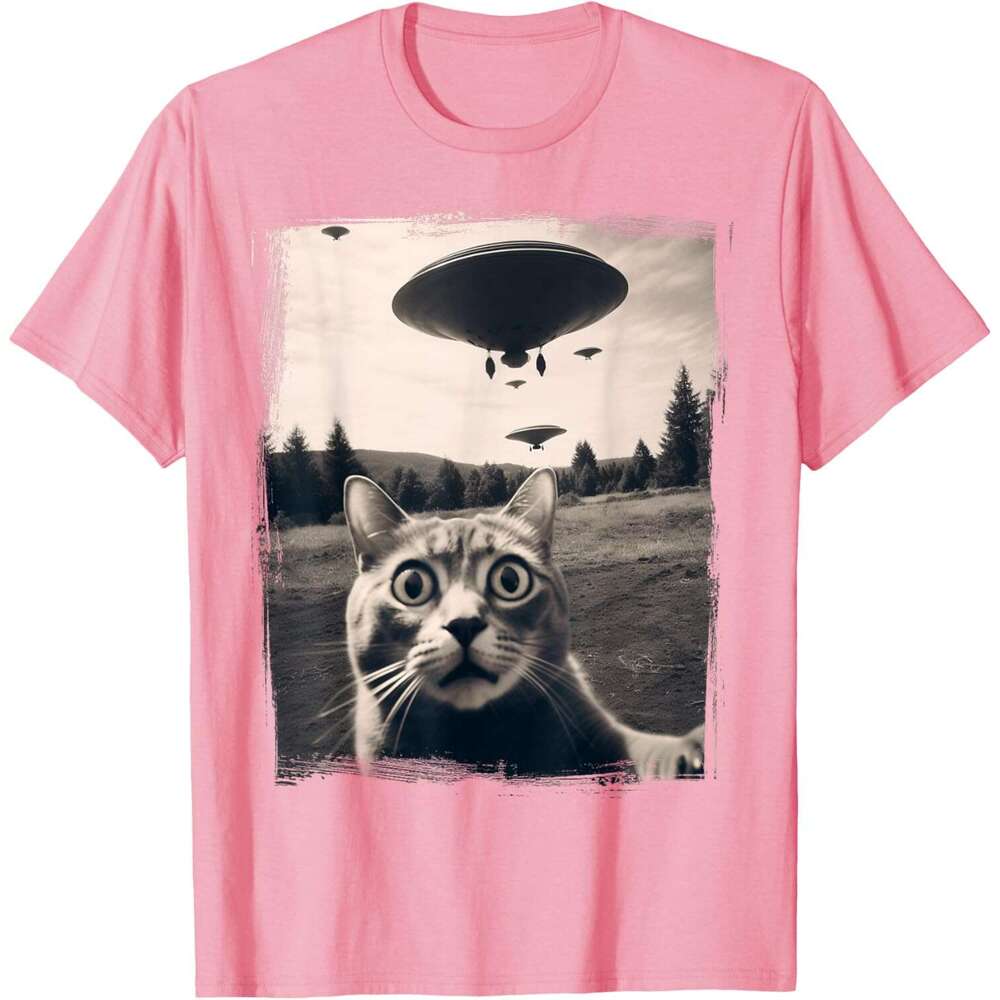 Mens T shirt Selfie Alien Invasion Meme Funny Kitten Cute Cat T-Shirt shirts tshirt graphic tee Casual tops clothes Short sleeve