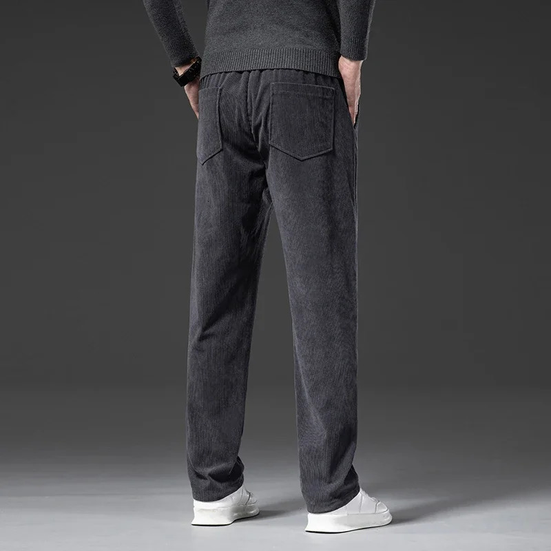 Spring Autumn Corduroy Mens Casual Pants Classic Business Work Elastic Waist Straight Trousers Black Gray Khaki 240806