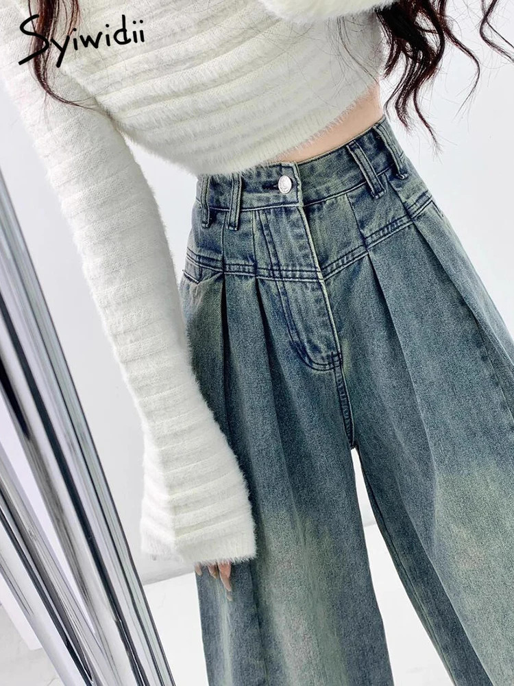 Syiwidii Jeans for Women Vintage Pleated Chic Casual Denim Pants Fashion Streetwear Loose Straight High Waist Jeans 240807